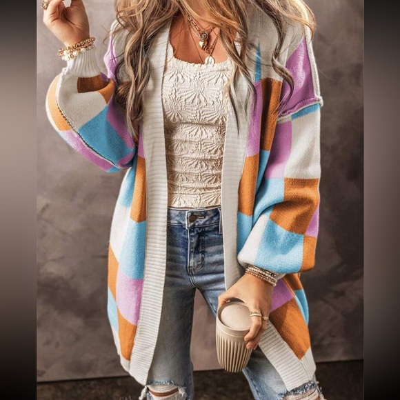 Luxe Color Block Long Sleeve Open Front Knit Swearer Cardigan - Picture 8 of 10